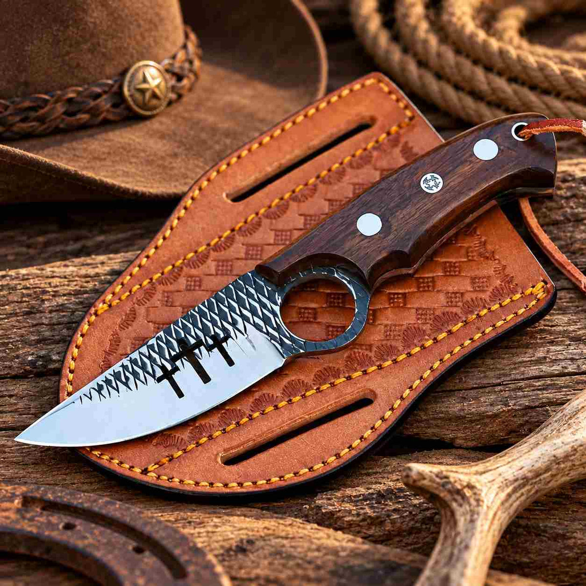 Rasp file steel fixed blade knife with rosewood handle and finger hole