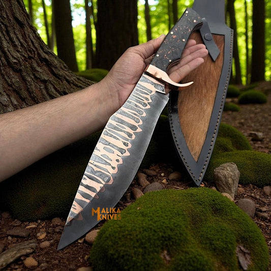 Copper Damascus Bowie Knife | Carbon Fiber & Copper Handle with Leather Sheath
