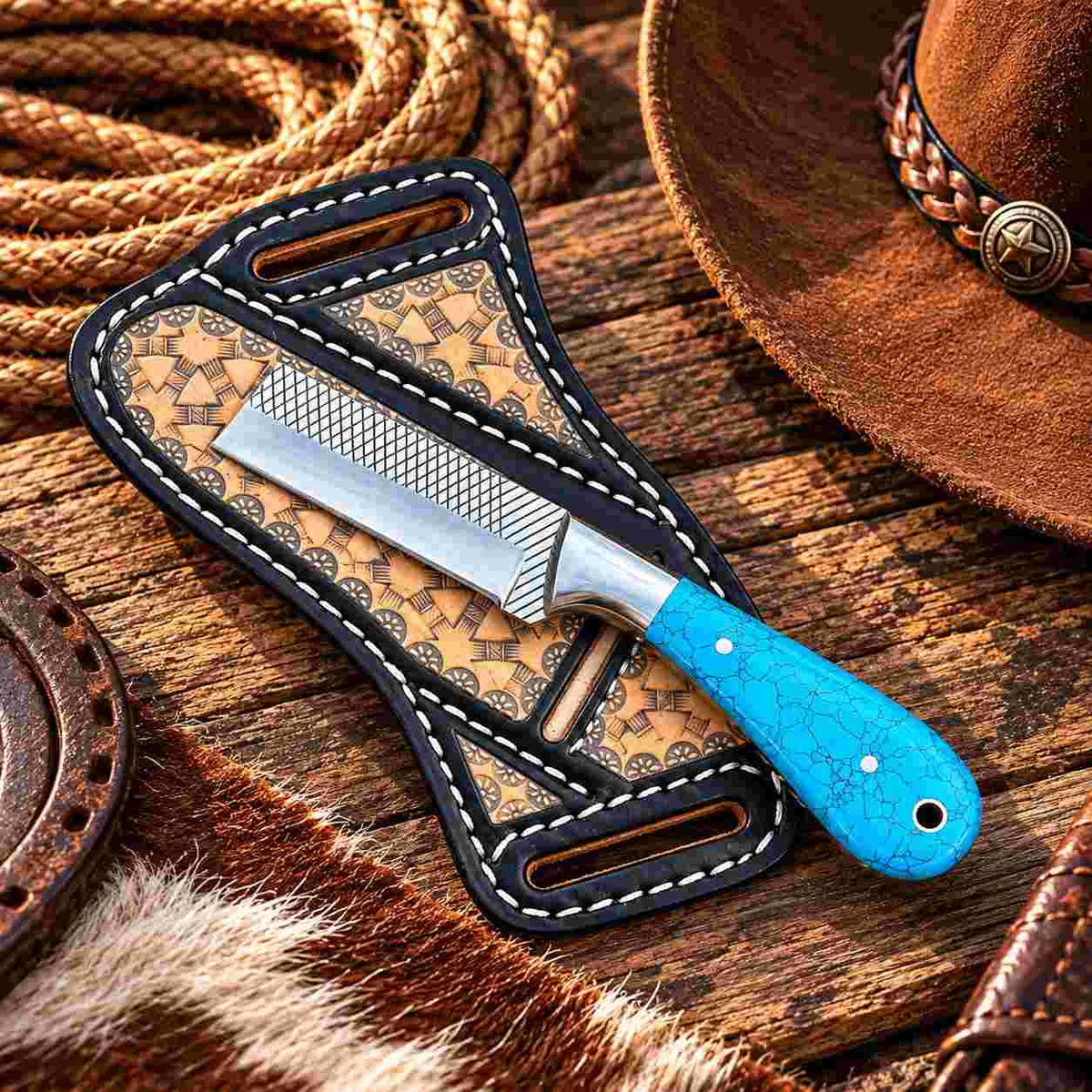 Custom Handmade Horse Rasp Stainless Steel 3-Inch Western Bull Cutter with Turquoise Stone Handle & Leather Sheath
