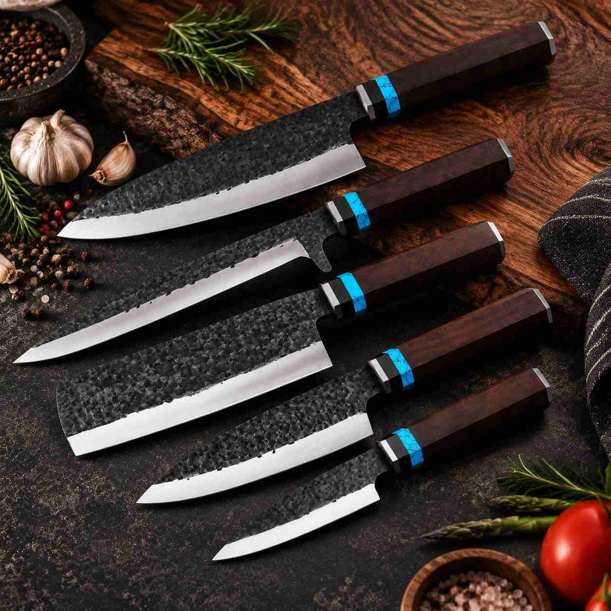5 piece hammer forged kitchen knife set with wooden storage box and premium handles

