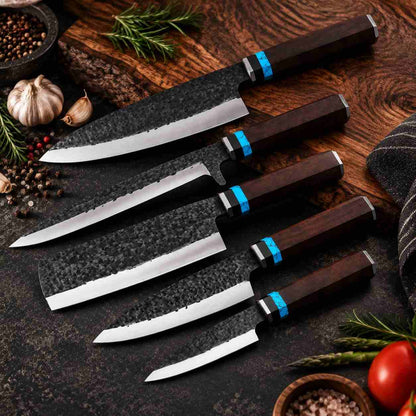 5 piece hammer forged kitchen knife set with wooden storage box and premium handles
