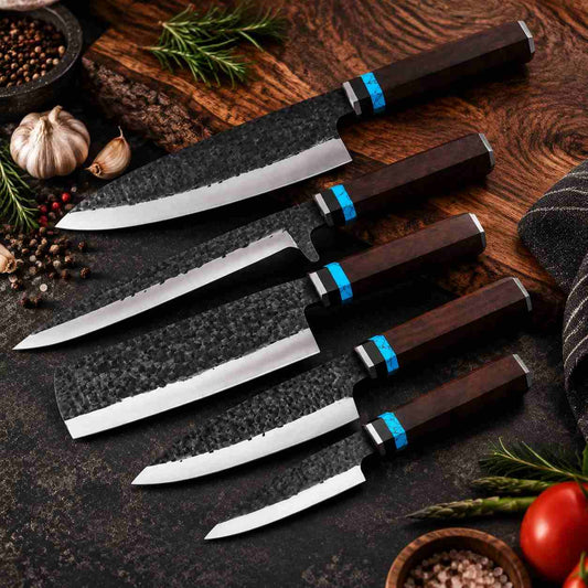 5 piece hammer forged kitchen knife set with wooden storage box and premium handles

