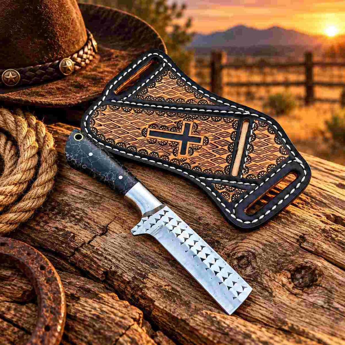 Handmade westerns bull cutter with cross-draw leather sheath