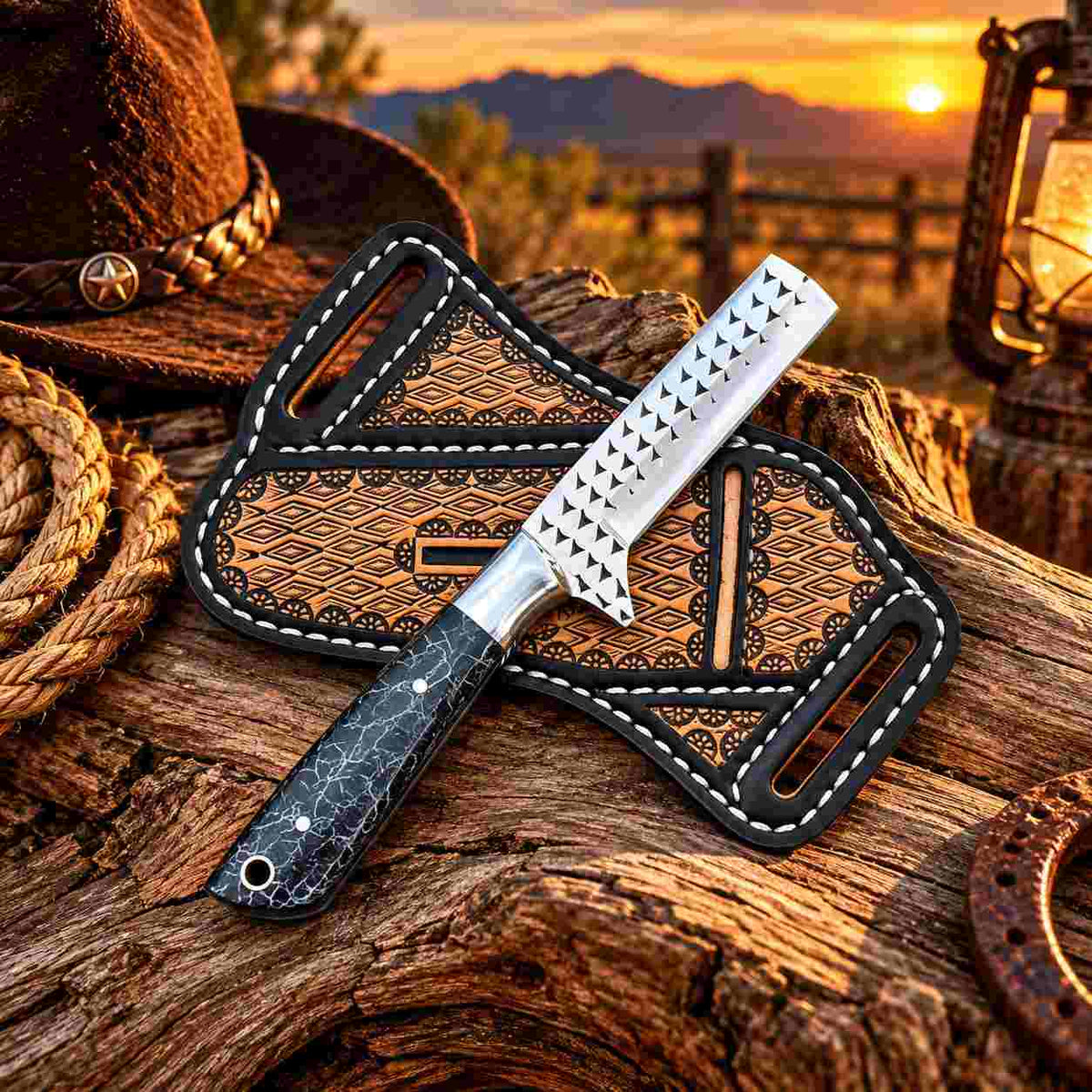 6-inch fixed blade with Horse Rasp Stainless Steel construction and leather sheath