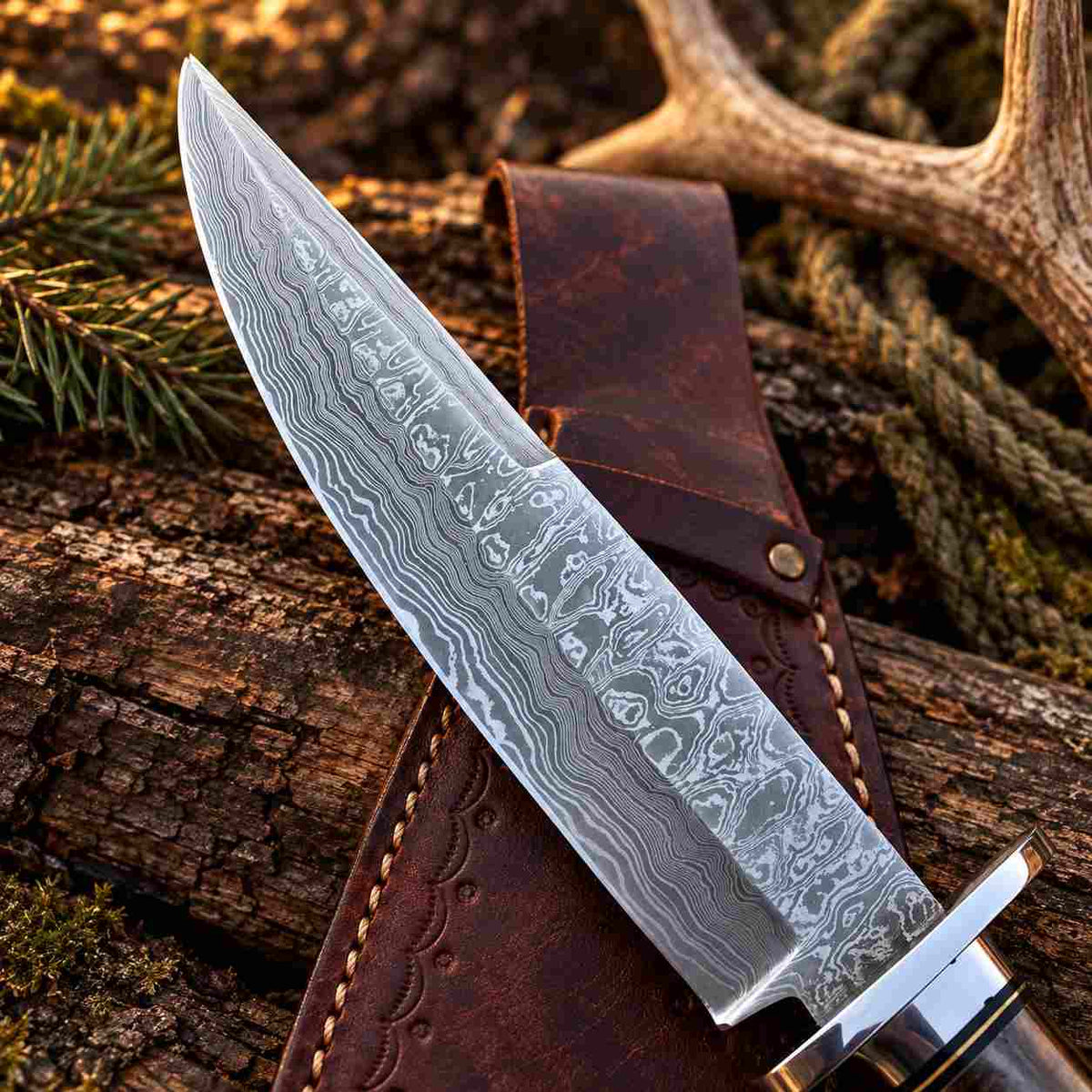 8 inch Damascus Bowie knife with fitted leather sheath