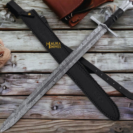 Handmade Medieval Damascus Arming Templar Knight Sword with Leather sheath-901