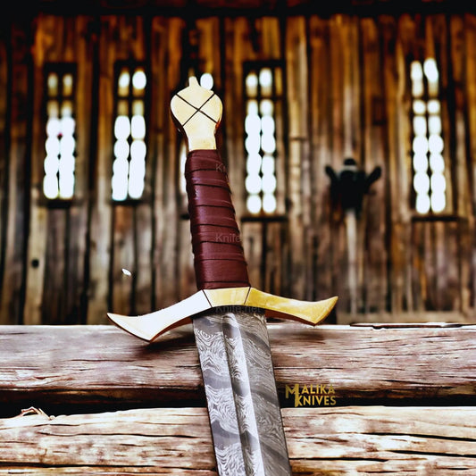 Custom Damascus Crusades sword with Leather sheath-909