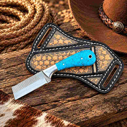 Custom Handmade Horse Rasp Stainless Steel 3-Inch Western Bull Cutter with Turquoise Stone Handle & Leather Sheath
