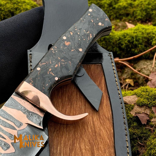 Copper Damascus Bowie Knife | Carbon Fiber & Copper Handle with Leather Sheath