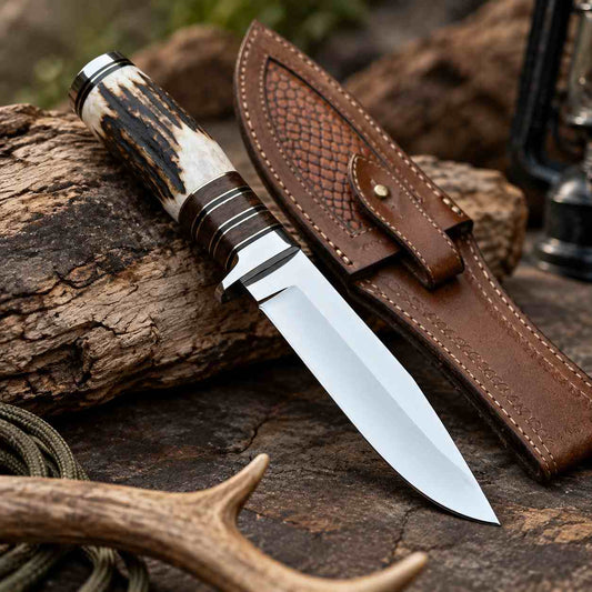 Handmade hunting knife featuring a unique natural antler handle 
