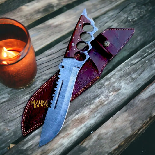 Handmade Damascus Tactical Knuckle Bowie Knife with Full Tang handle-0033