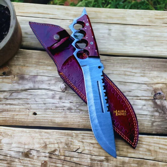 Handmade Damascus Tactical Knuckle Bowie Knife with Full Tang handle-0033