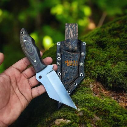 compact d2 hunting knife fixed blade with g10 handle and leather sheath