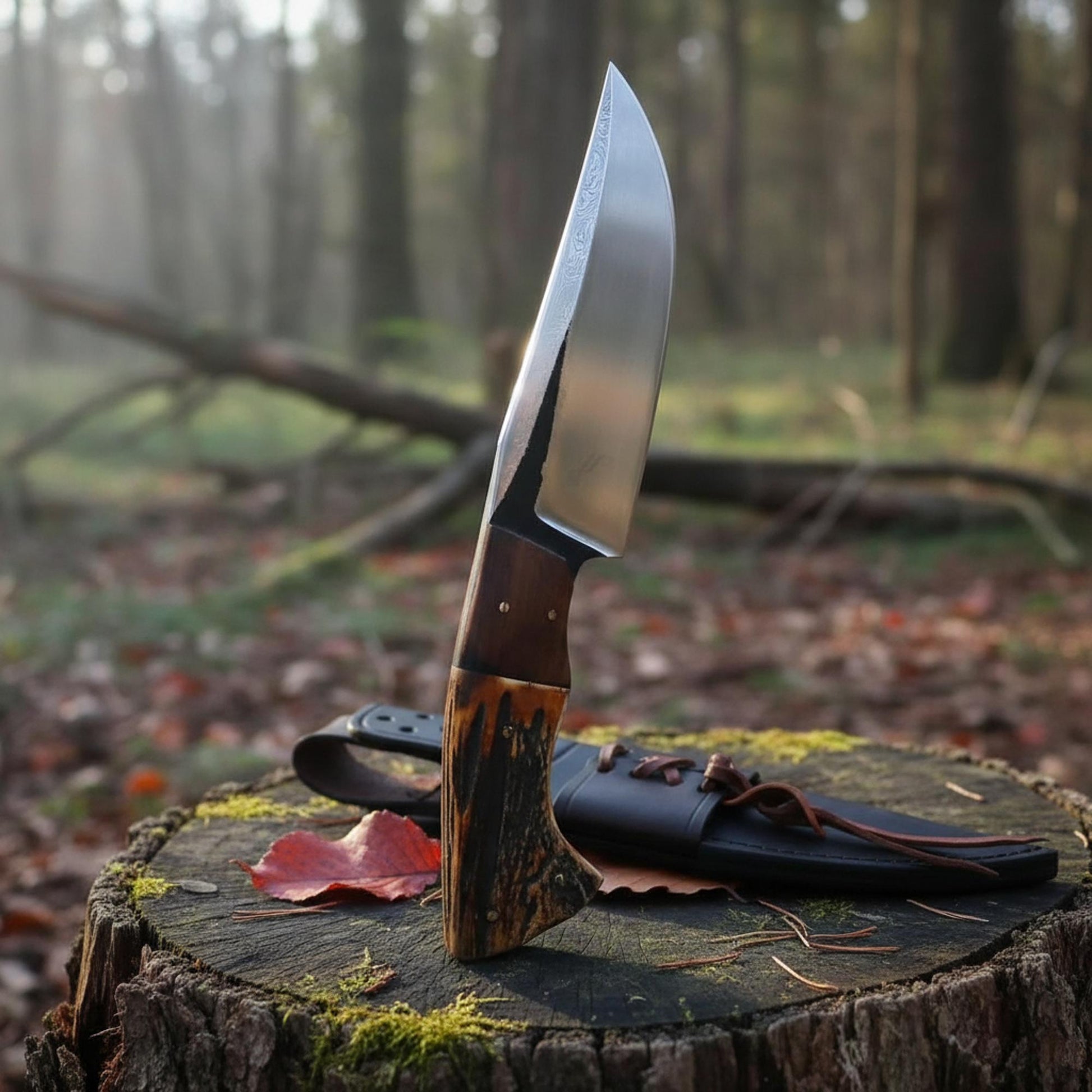 D2 steel hunting knife with antler horn and rosewood handle full tang blade with leather sheath