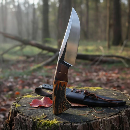 D2 steel hunting knife with antler horn and rosewood handle full tang blade with leather sheath