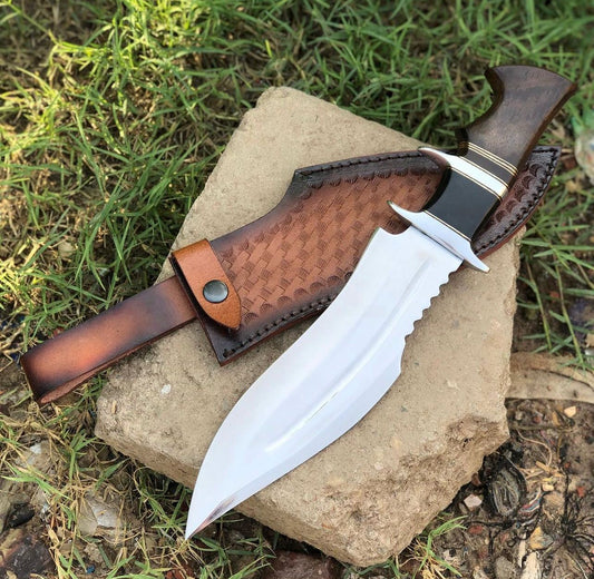 14″ High Carbon D2 Steel Bowie Knife – Rosewood + Micarta Handle | Leather Sheath | MALIKA Knives
