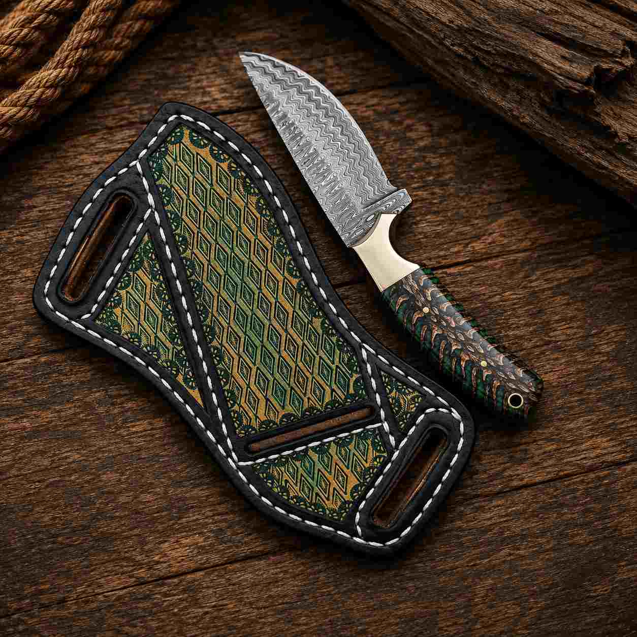 Buckaroo knife with Damascus steel blade, green pine cone handle, brass bolster and pancake leather sheath