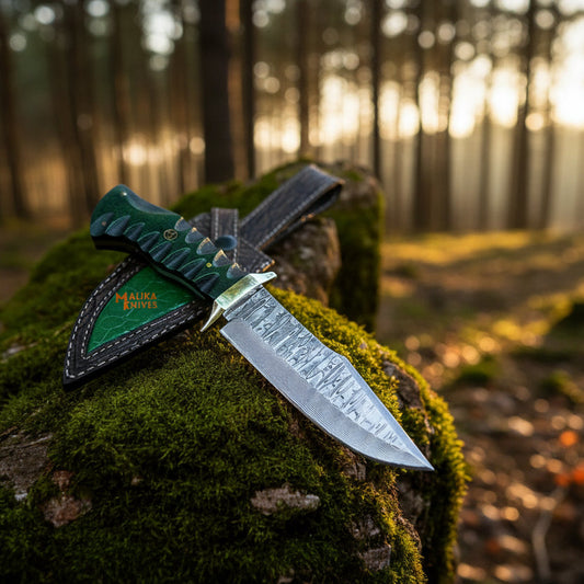 handmade damascus bowie hunting knife with g10 handle and leather sheath