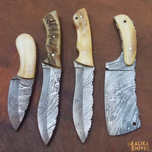 A set of four handmade hunting knives with Damascus steel blades and camel bone handles, displayed side by side.
