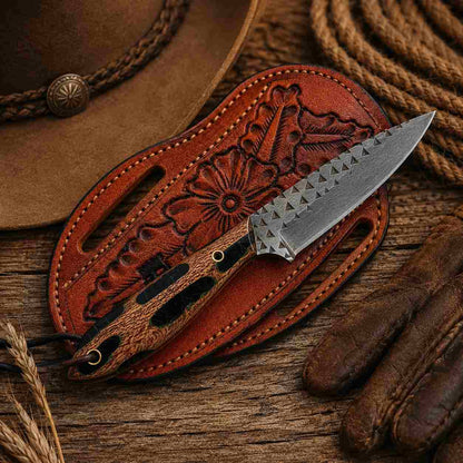 Handmade cowboy knife with rasp steel blade and resin wood handle
