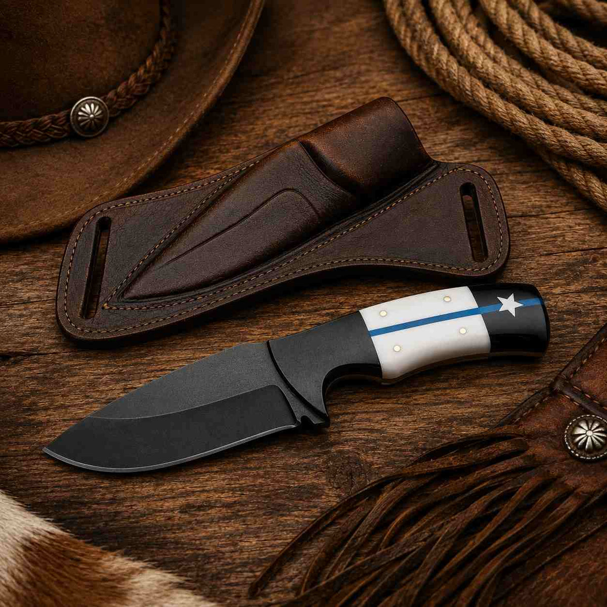Western cowboy knife with Texas Enforcement resin handle and steel bolster