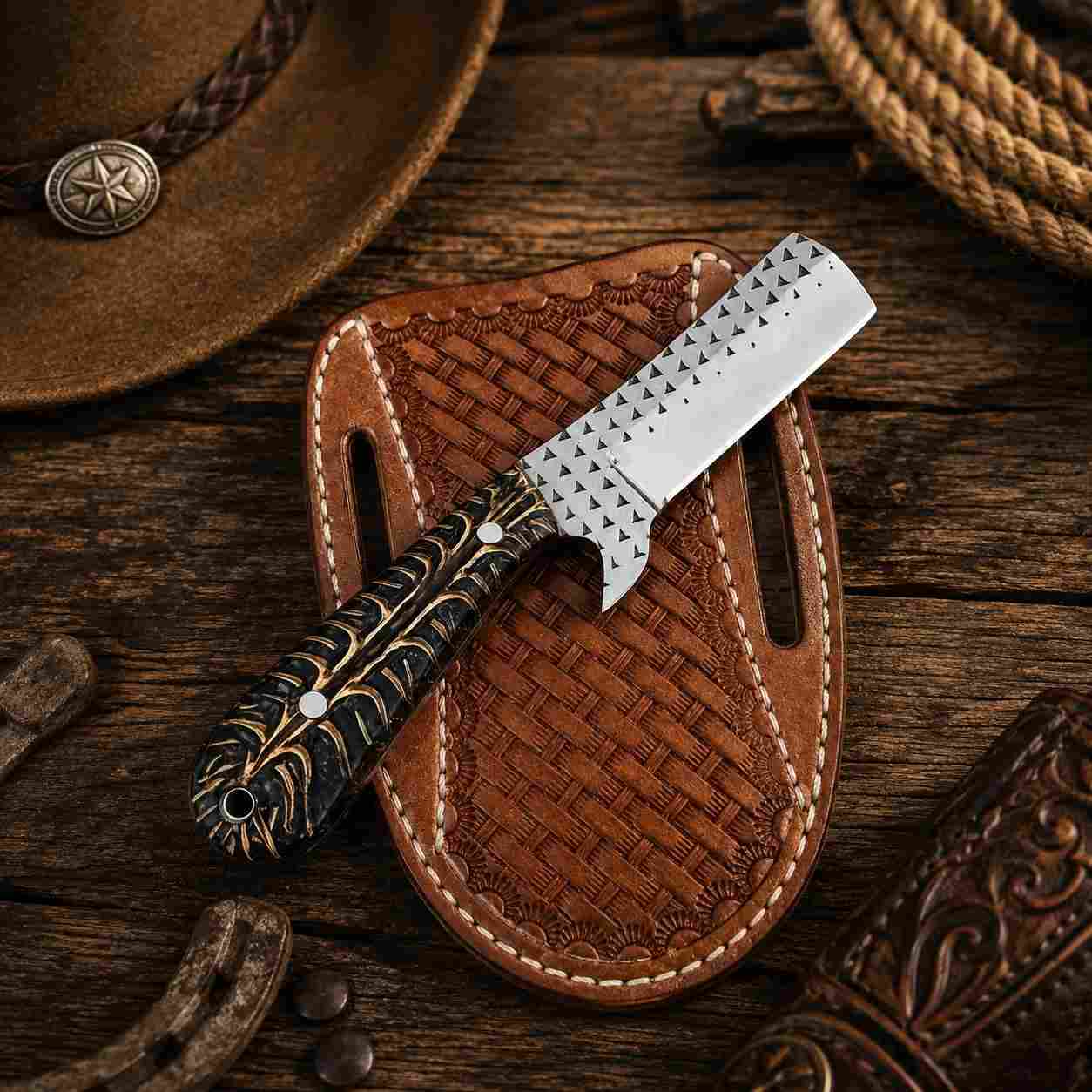 8-inch Rasp Steel Bullcutter Knife with Black Pine Cone Handle
