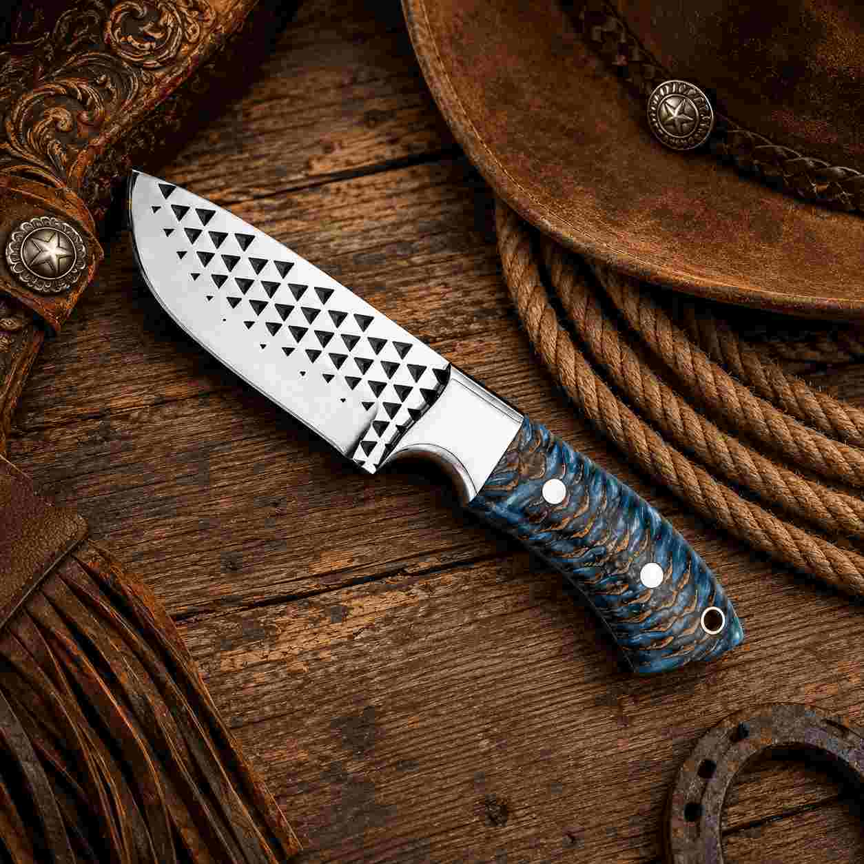 Rasp steel cowboy knife with pine cone handle and pancake leather sheath