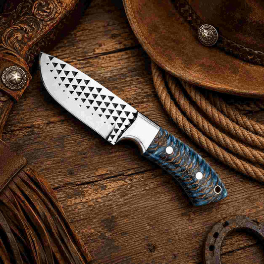Rasp steel cowboy knife with pine cone handle and pancake leather sheath