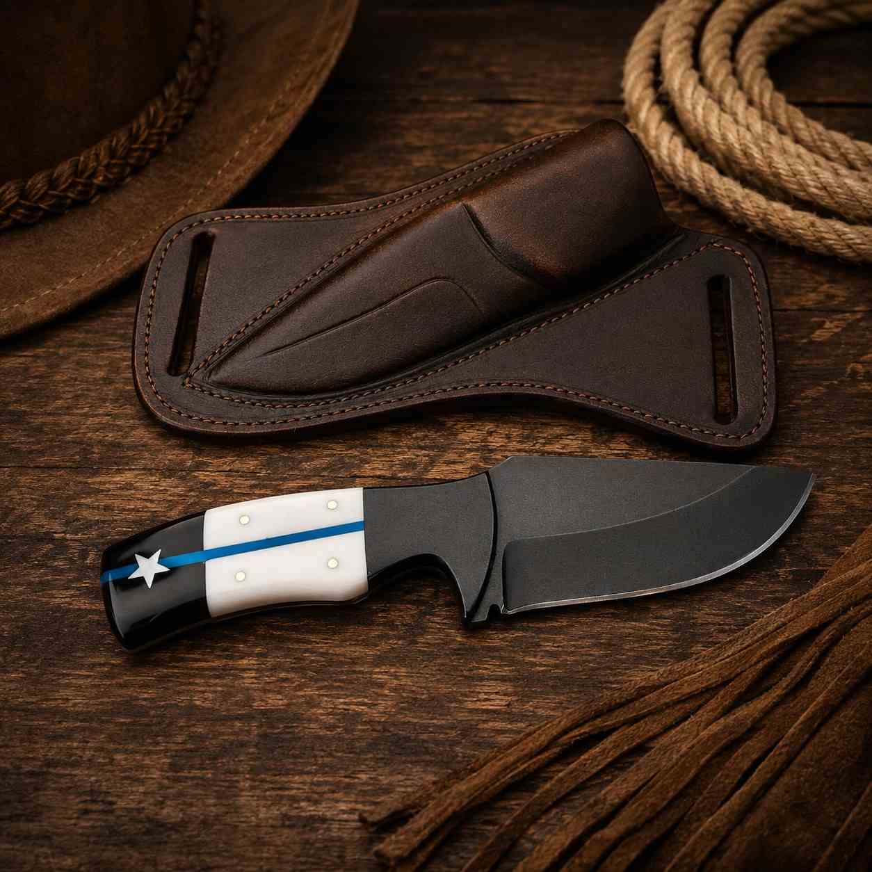 Handmade D2 steel cowboy knife with powder-coated blade and resin handle