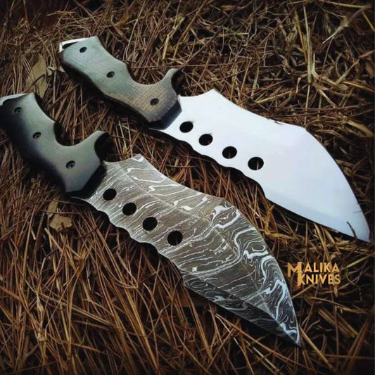 Two knives with unique blade designs on a textured surface, featuring the brand 'Malika Knives'.