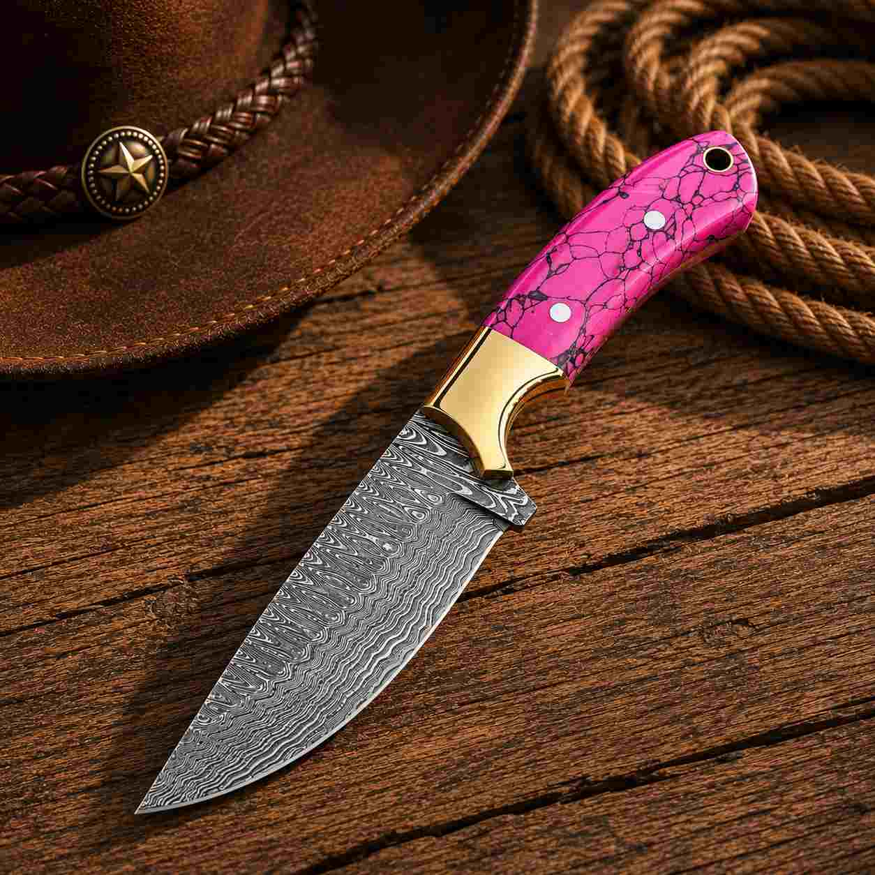 8-inch Buckaroo knife with patterned Damascus blade and turquoise handle