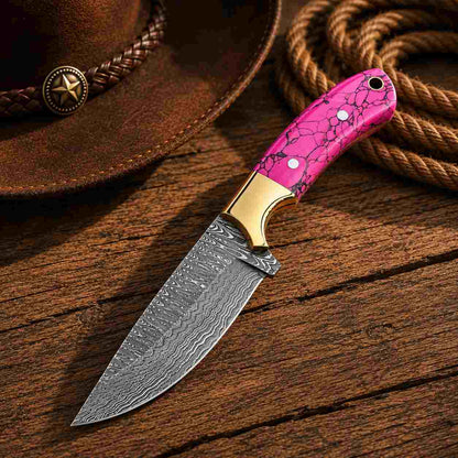 8-inch Buckaroo knife with patterned Damascus blade and turquoise handle