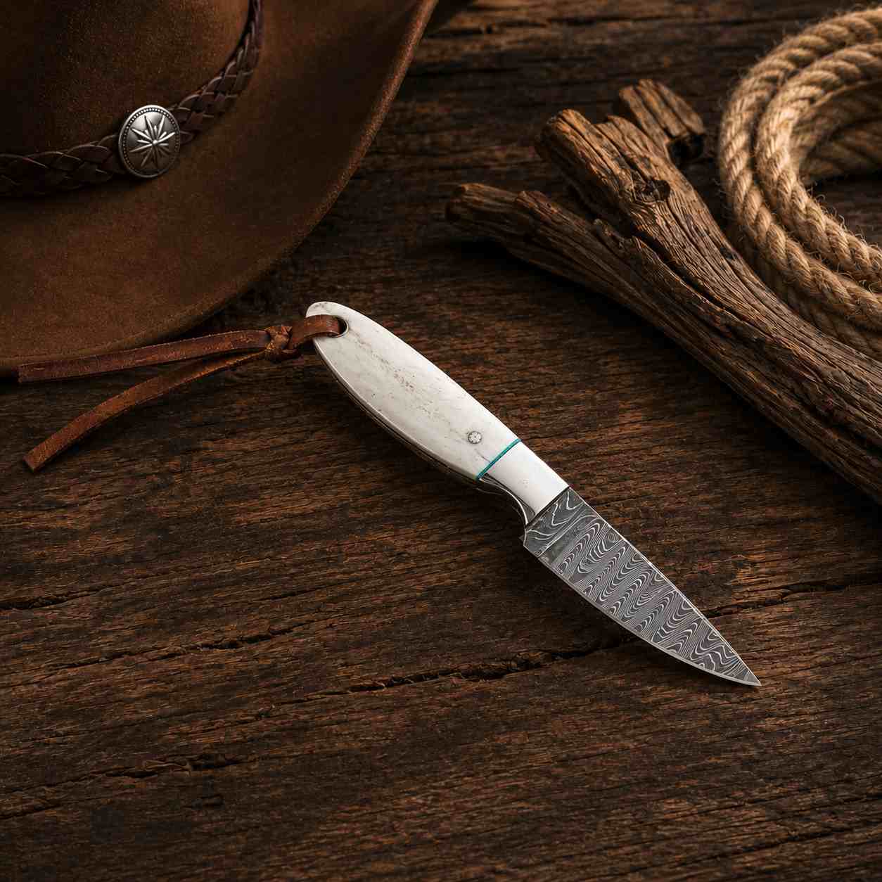 Western-style Buckaroo fixed blade knife crafted from Damascus steel with a polished camel bone handle