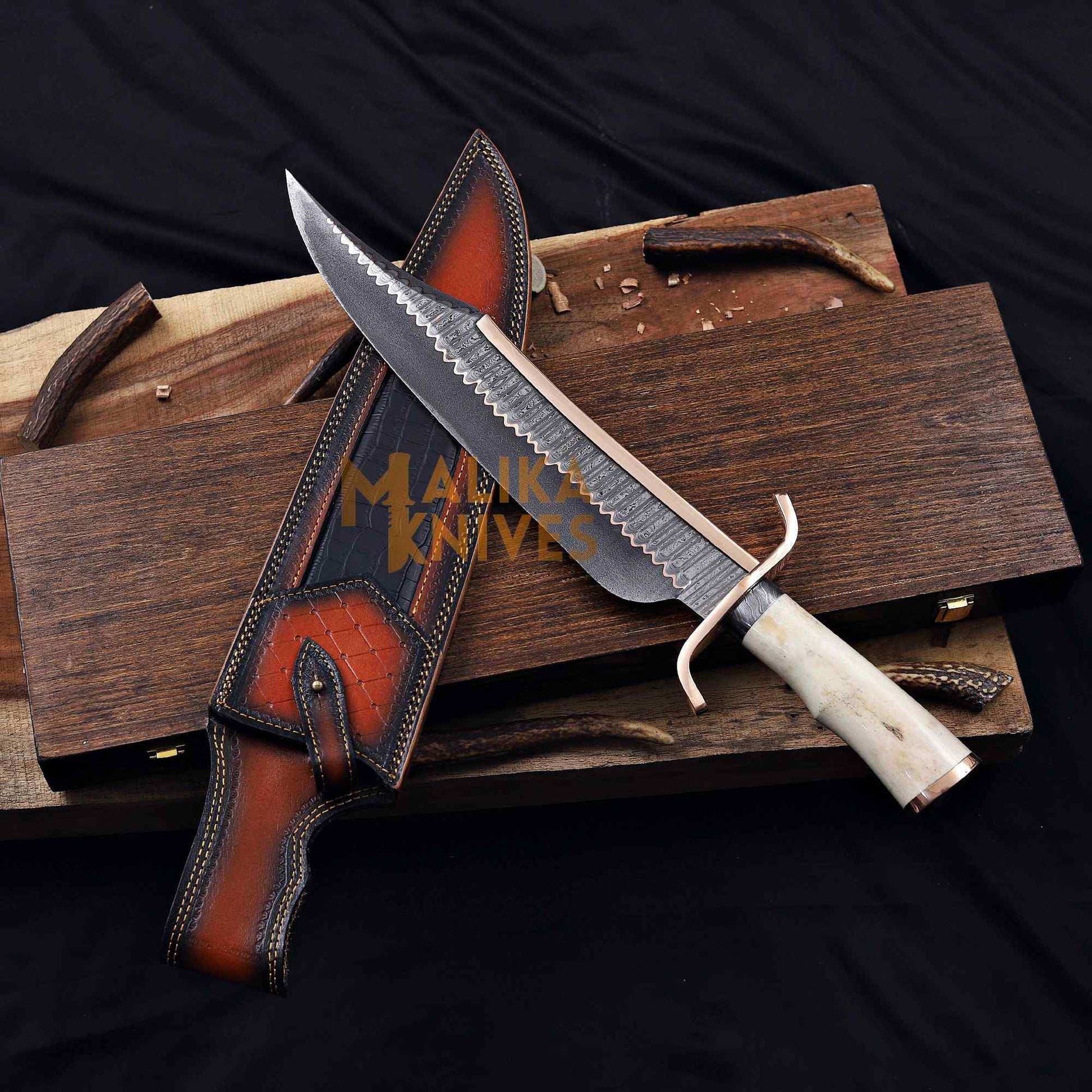 alamo musso bowie knife wooden box presentation & Custom leather sheath