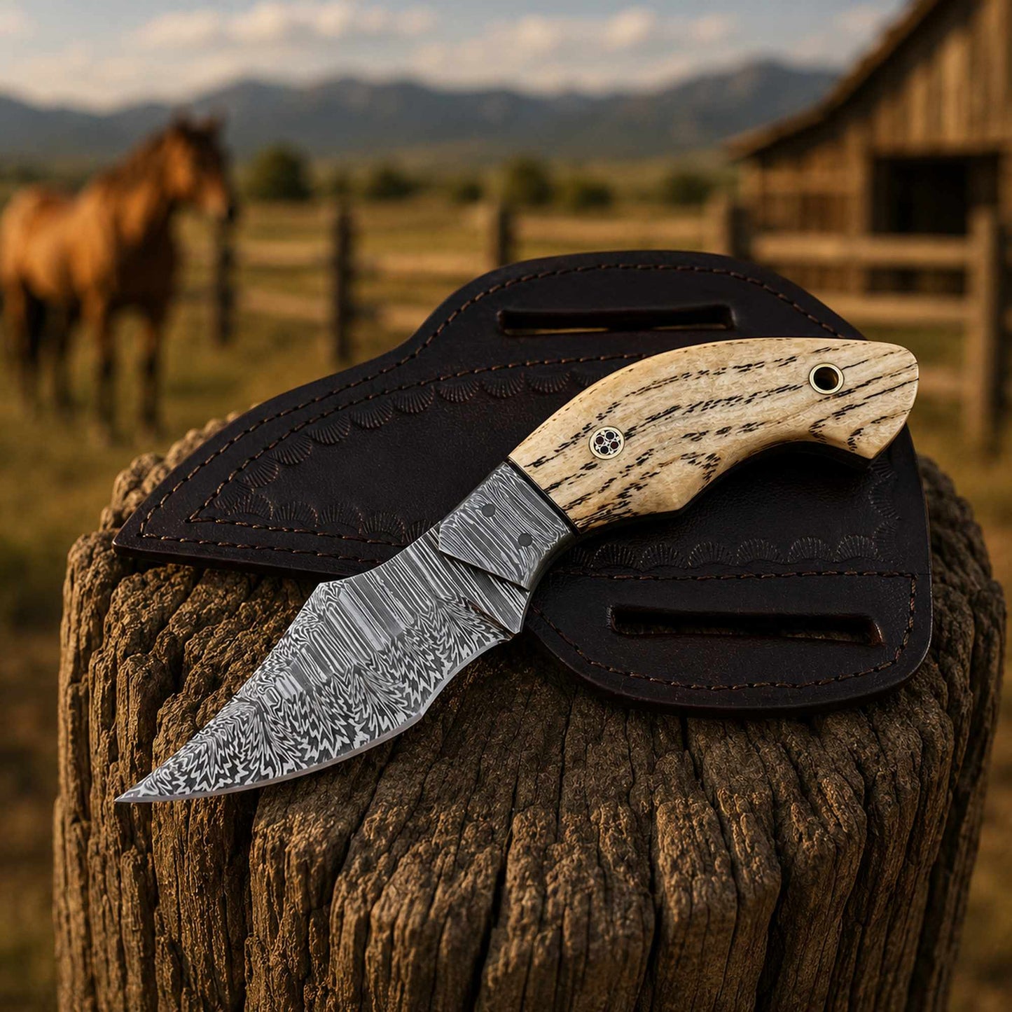 Ashwood handle close-up with Damascus cowboy knife with bolster detail