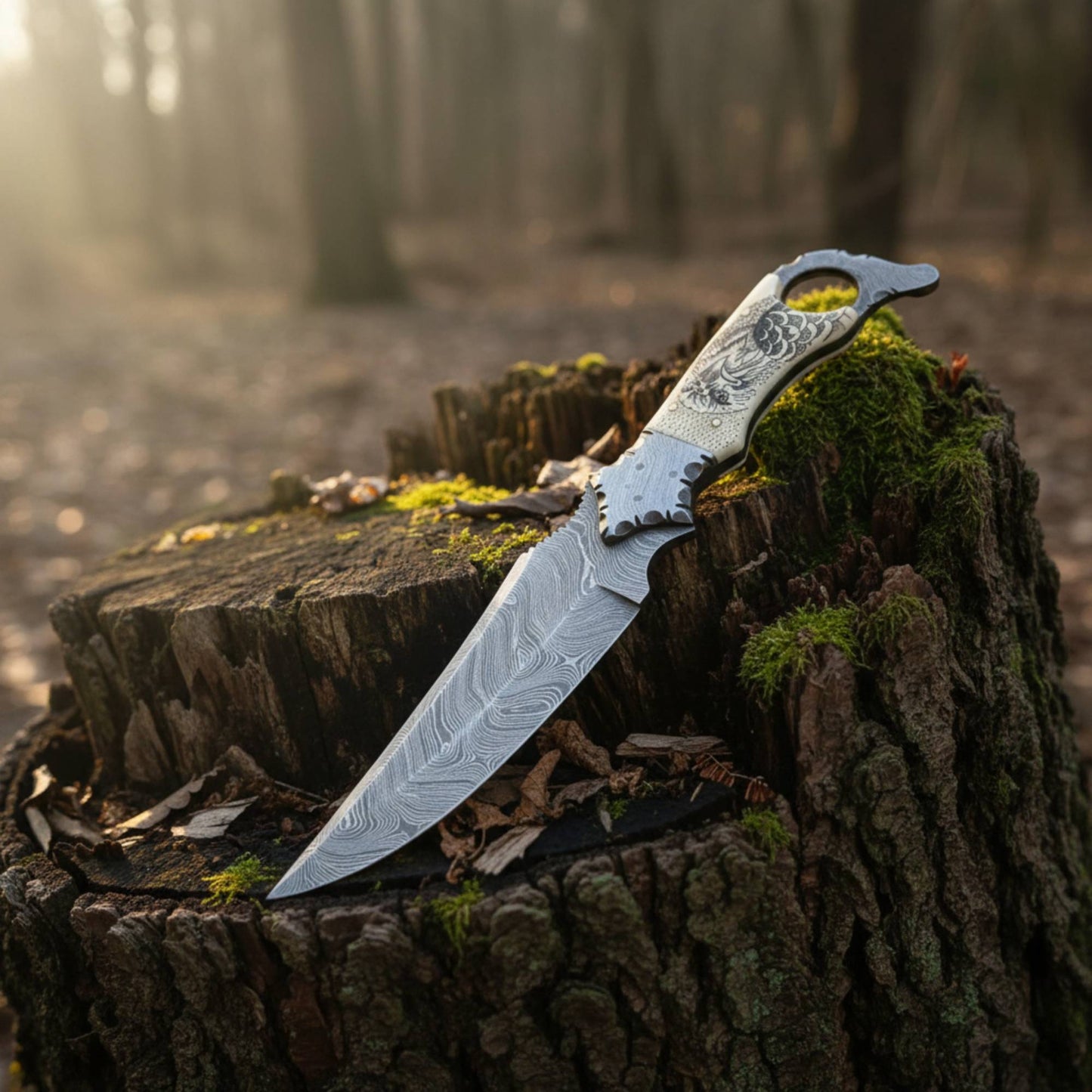 damascus biker ringtail knife camel bone handle fixed blade edc knife horizontal sheath