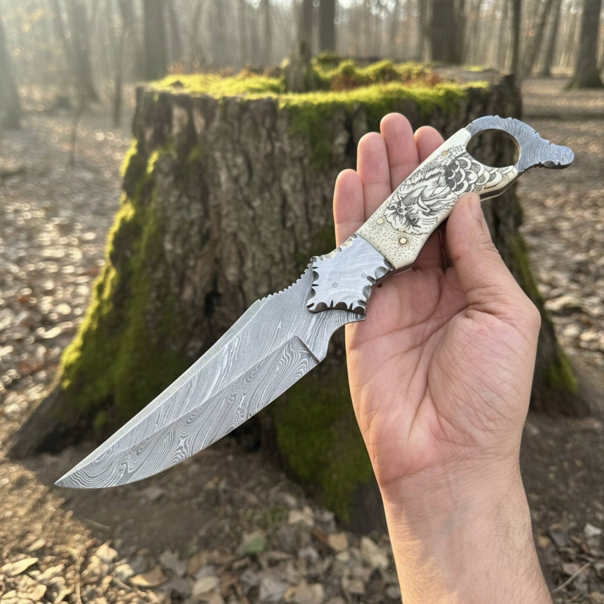 damascus biker ringtail knife camel bone handle fixed blade edc knife horizontal sheath