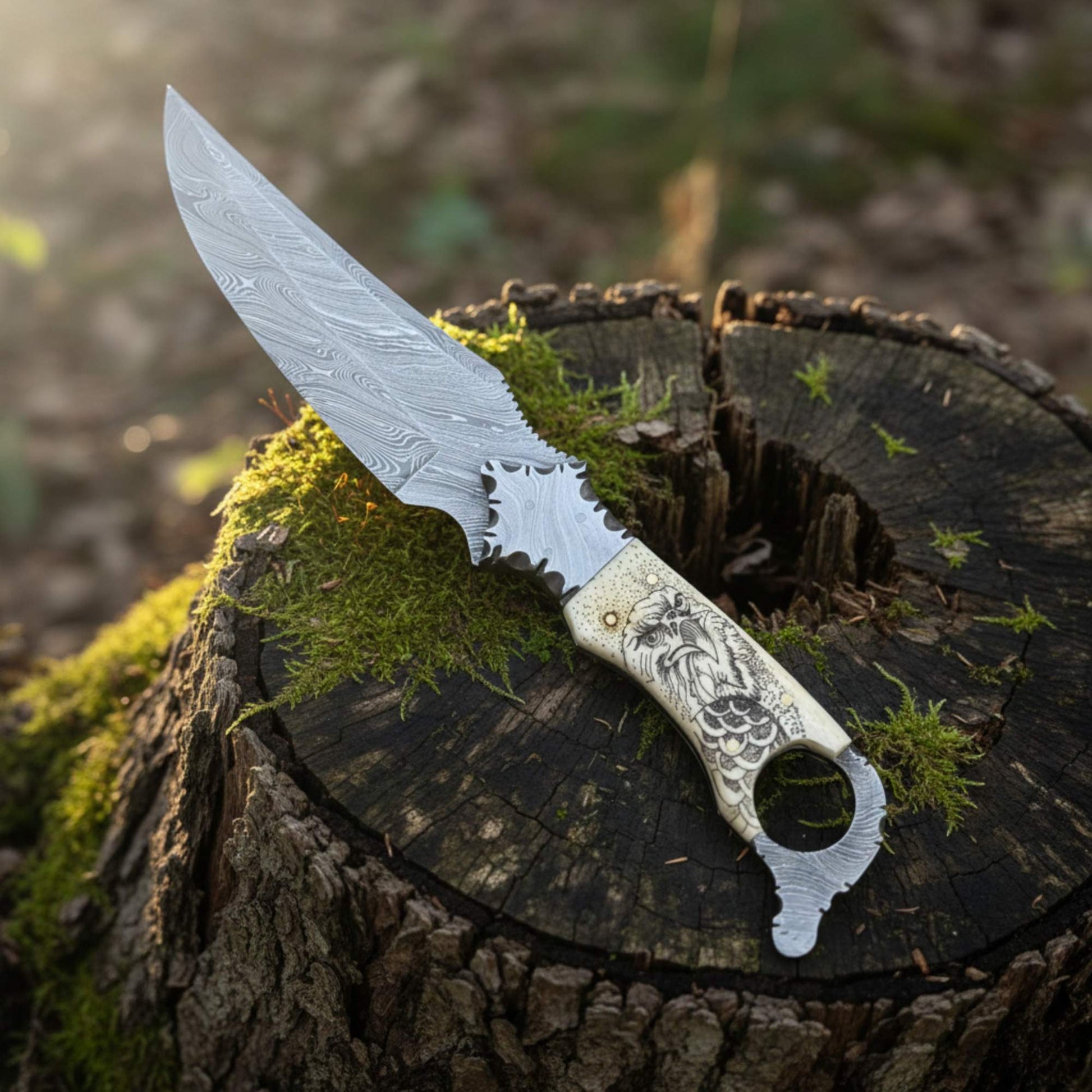 damascus biker ringtail knife camel bone handle fixed blade edc knife horizontal sheath