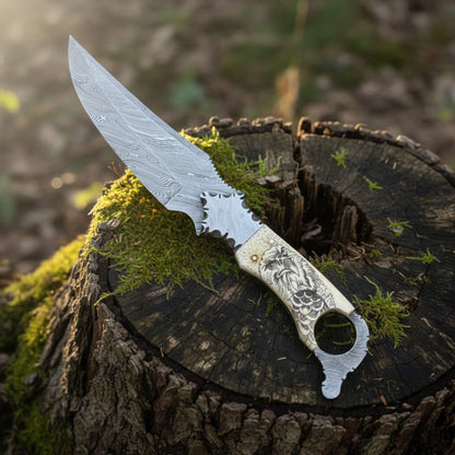damascus biker ringtail knife camel bone handle fixed blade edc knife horizontal sheath