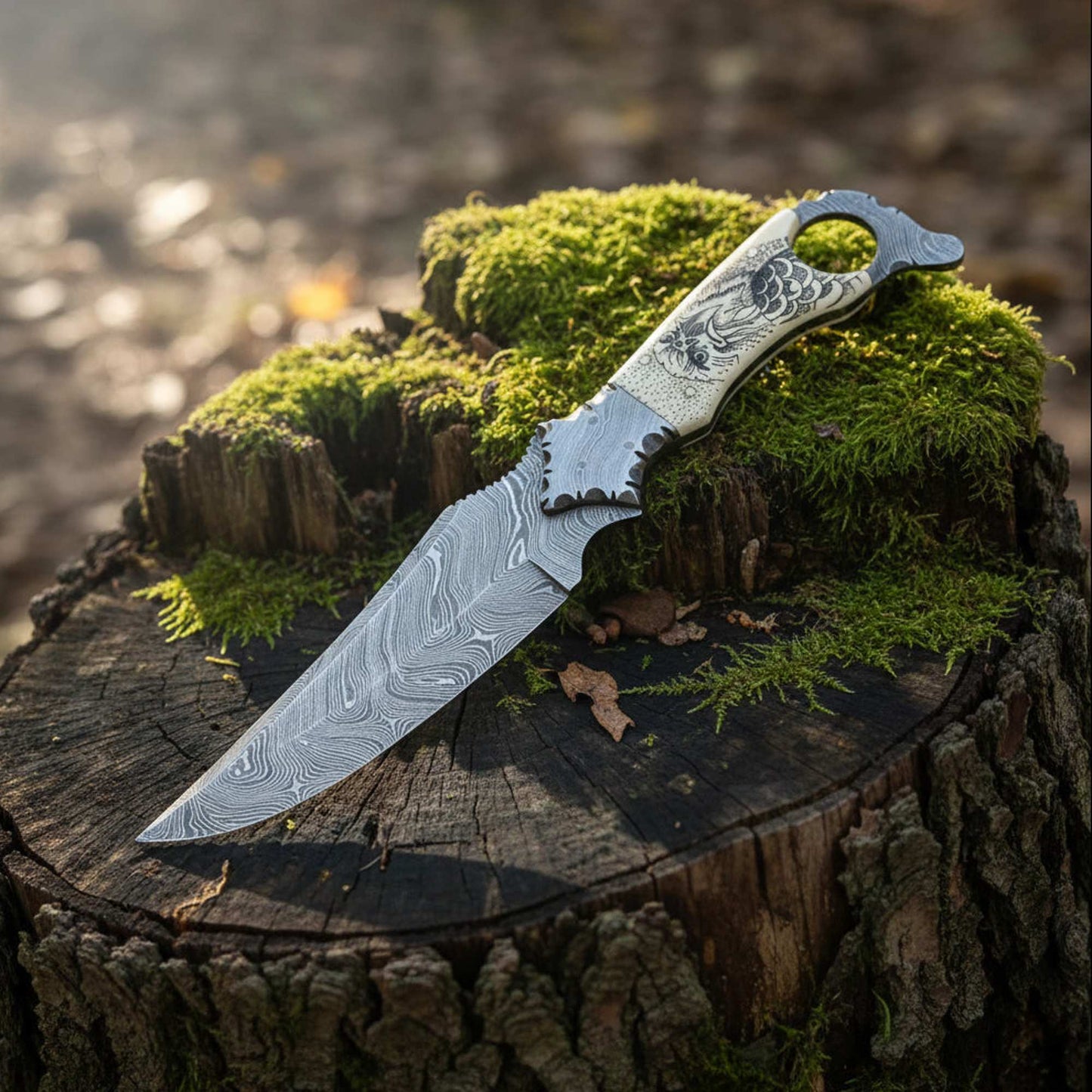 damascus biker ringtail knife camel bone handle fixed blade edc knife horizontal sheath