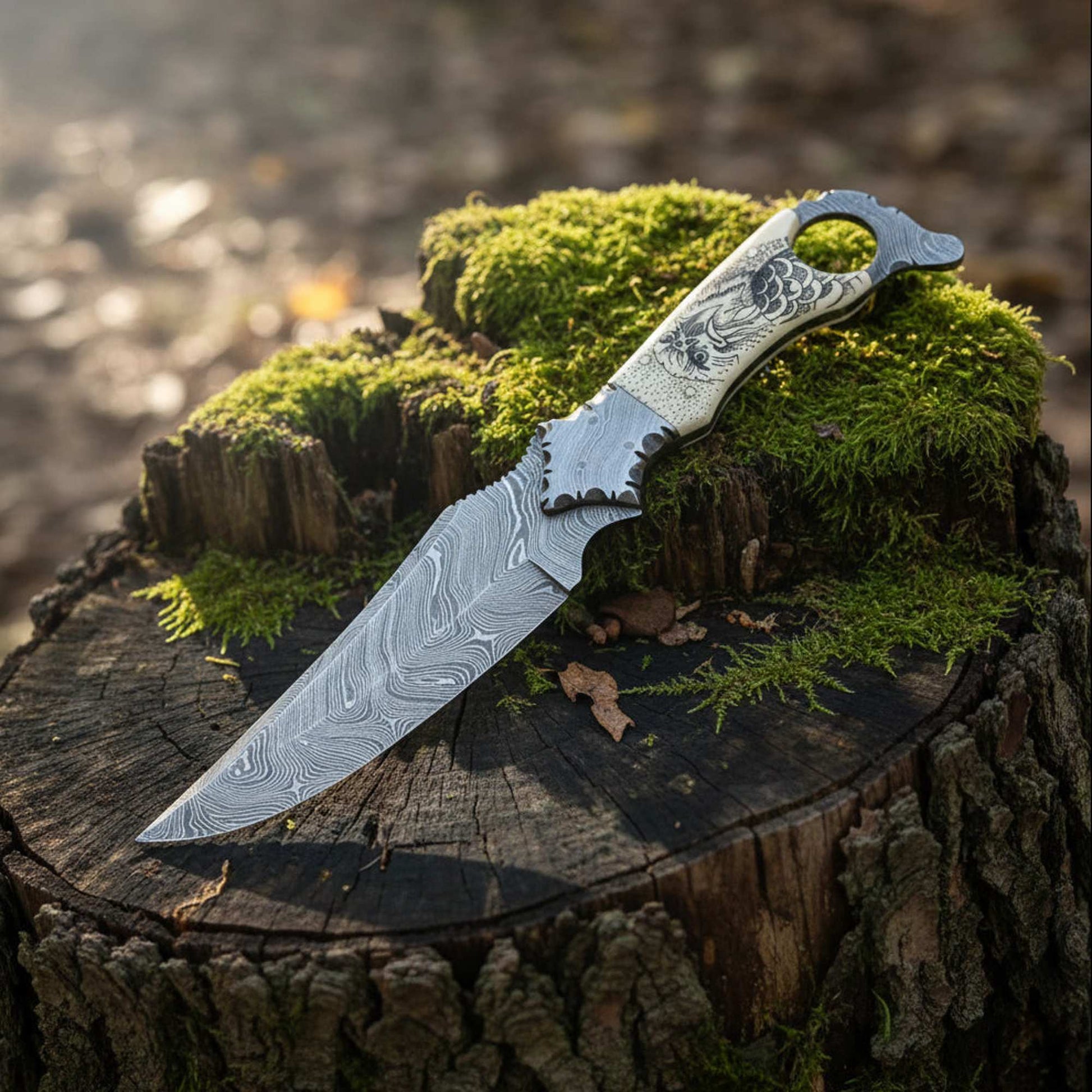 damascus biker ringtail knife camel bone handle fixed blade edc knife horizontal sheath