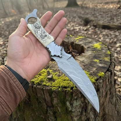 damascus biker ringtail knife camel bone handle fixed blade edc knife horizontal sheath