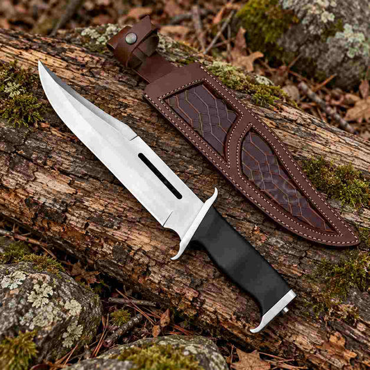 Black handle Bowie knife with curved metal guard and polished blade