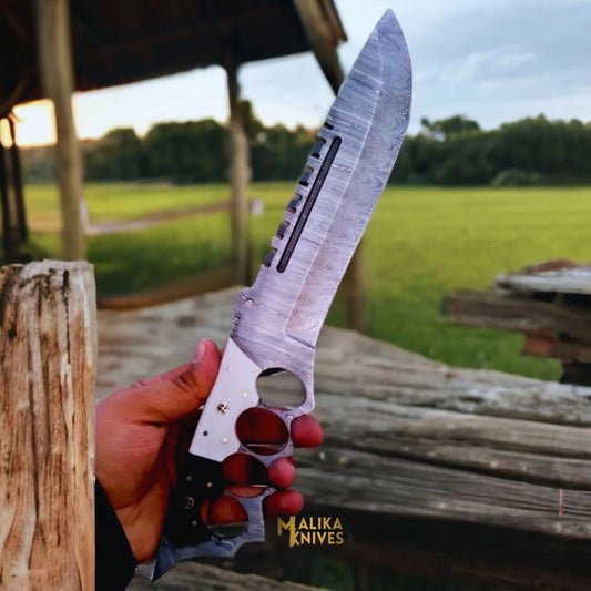 black white damascus knuckle bowie knife resin handle