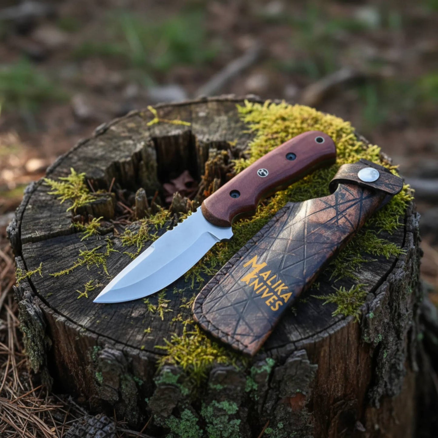 Blue Creek D2 hunting knife with G10 handle and custom leather sheath on outdoor wooden surface