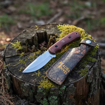 Blue Creek D2 hunting knife with G10 handle and custom leather sheath on outdoor wooden surface