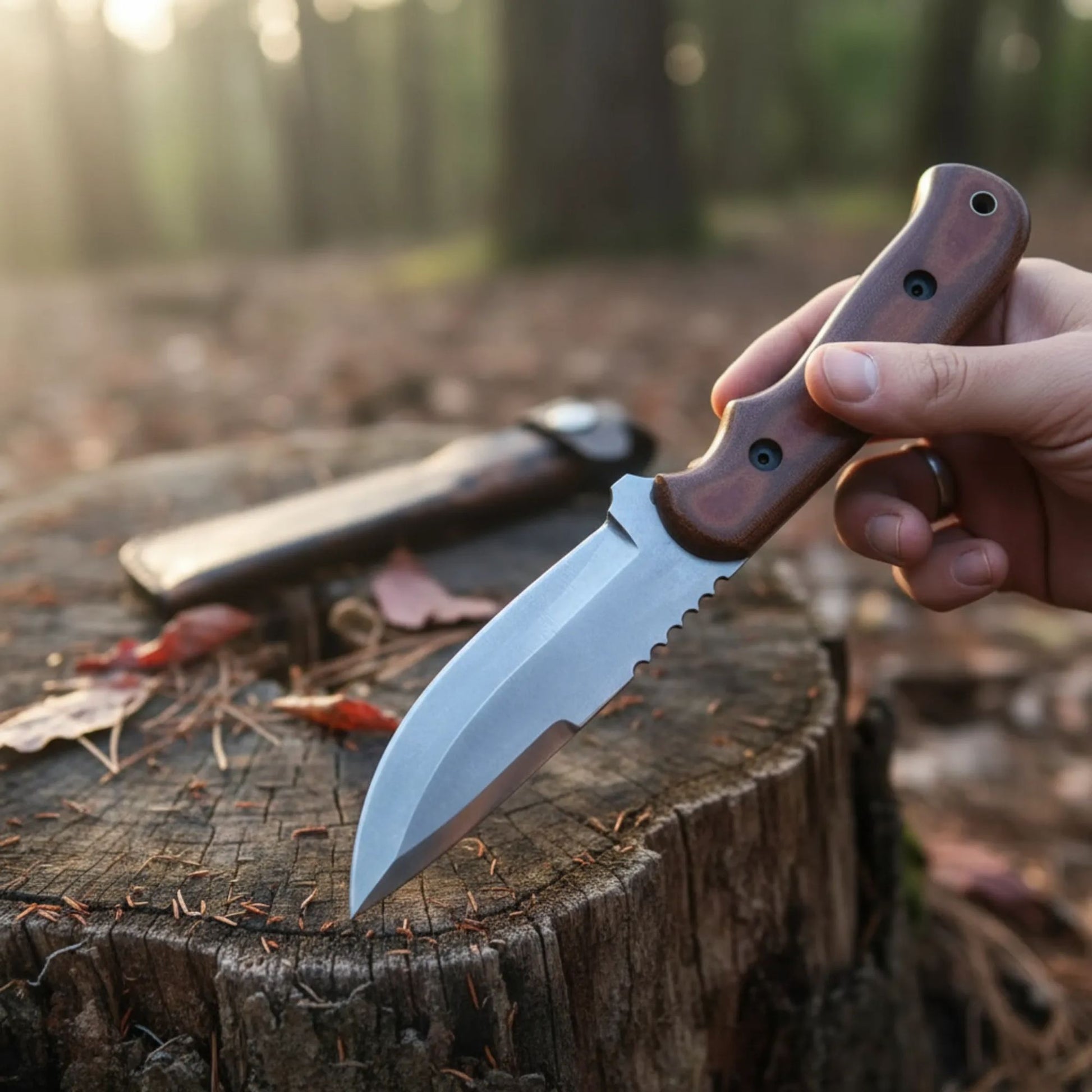 Hand holding a Blue Creek Hunting knife with a G10 handle & leather sheath on a tree stump in a forest setting