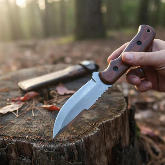 Hand holding a Blue Creek Hunting knife with a G10 handle & leather sheath on a tree stump in a forest setting