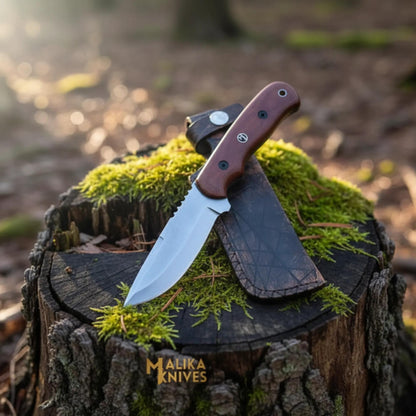 Blue Creek D2 hunting knife with G10 handle and custom leather sheath on outdoor wooden surface