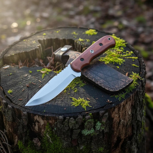 Blue Creek D2 hunting knife with G10 handle and custom leather sheath on outdoor wooden surface